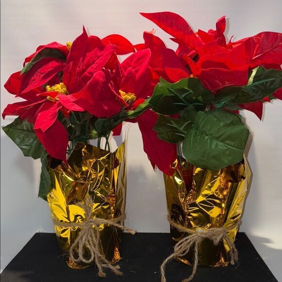 Ashland Red and Green Poinsettia Arrangement with Gold Wrap - Picture 1 of 7
